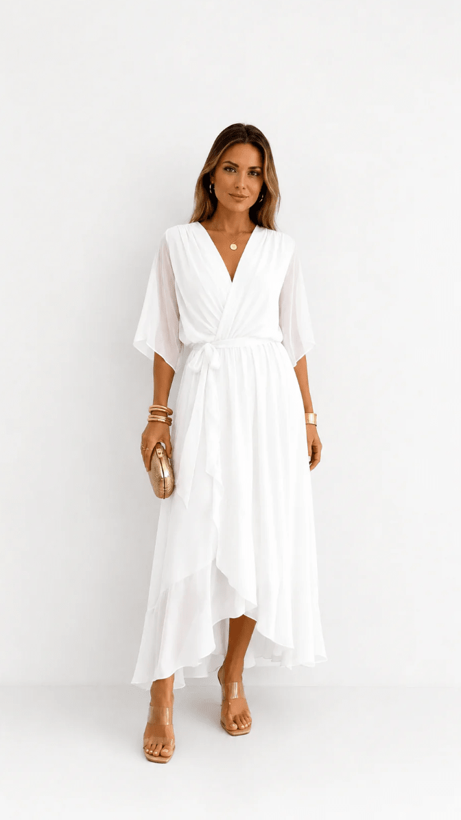 Elegant chiffon wrap maxi dress for women featuring flutter sleeves and an adjustable waist tie

 10
