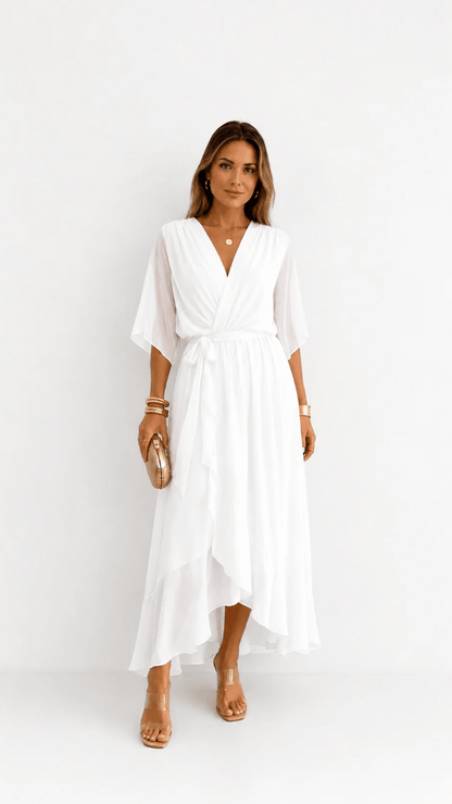 Elegant chiffon wrap maxi dress for women featuring flutter sleeves and an adjustable waist tie

 10