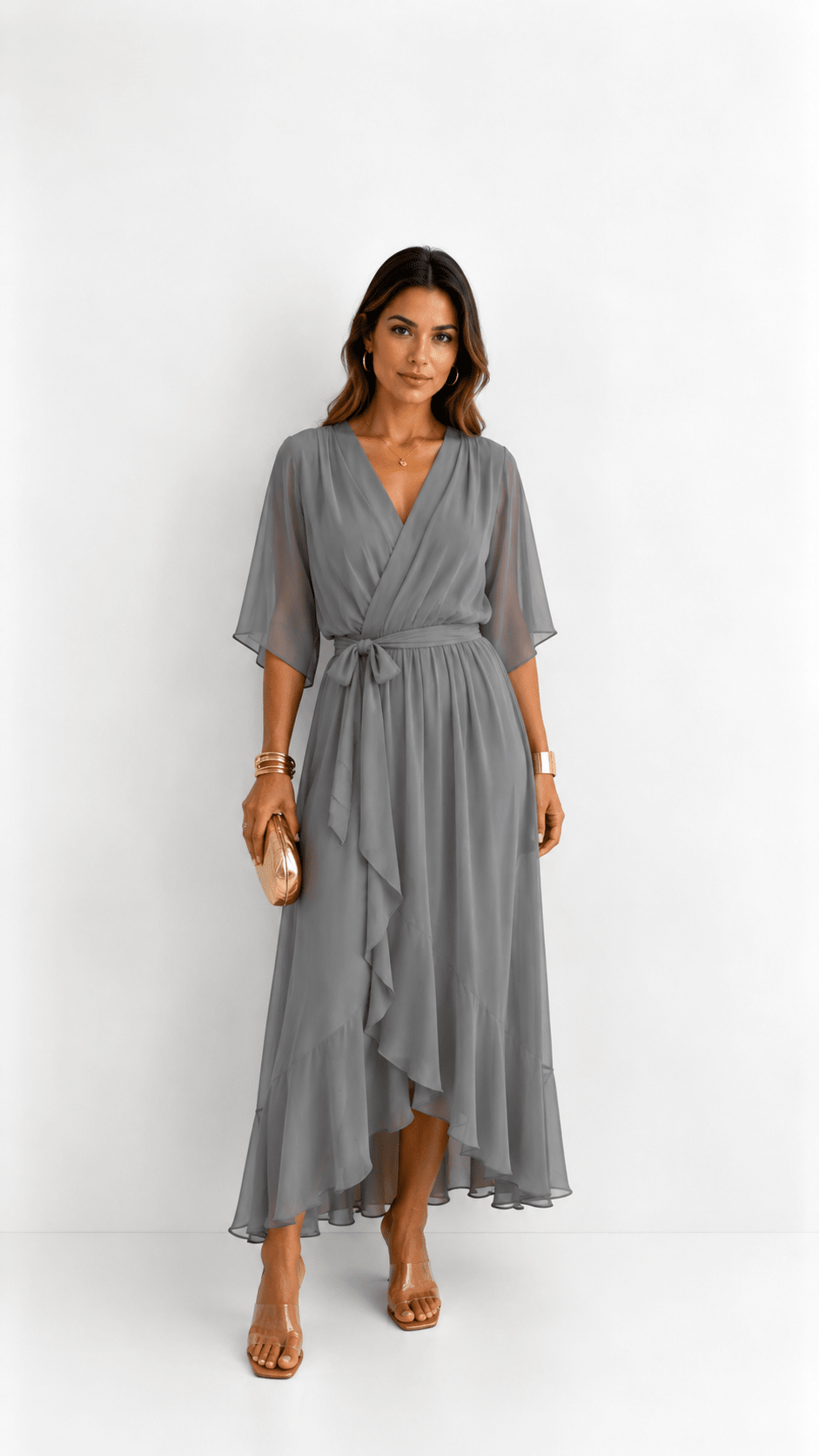 Elegant chiffon wrap maxi dress for women featuring flutter sleeves and an adjustable waist tie

 9