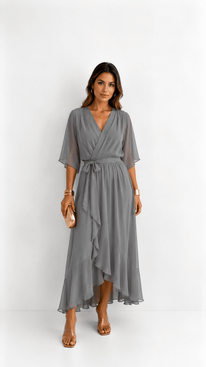 Elegant chiffon wrap maxi dress for women featuring flutter sleeves and an adjustable waist tie

 9