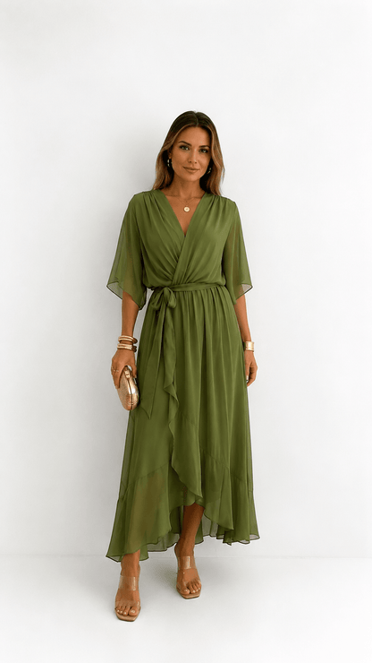 Elegant chiffon wrap maxi dress for women featuring flutter sleeves and an adjustable waist tie

 0