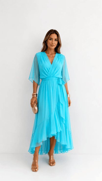 Elegant chiffon wrap maxi dress for women featuring flutter sleeves and an adjustable waist tie

 13