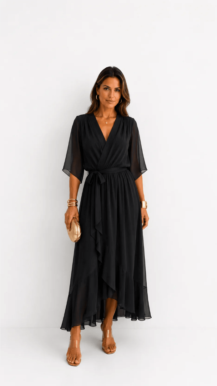 Elegant chiffon wrap maxi dress for women featuring flutter sleeves and an adjustable waist tie

 4