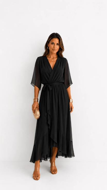 Elegant chiffon wrap maxi dress for women featuring flutter sleeves and an adjustable waist tie

 4