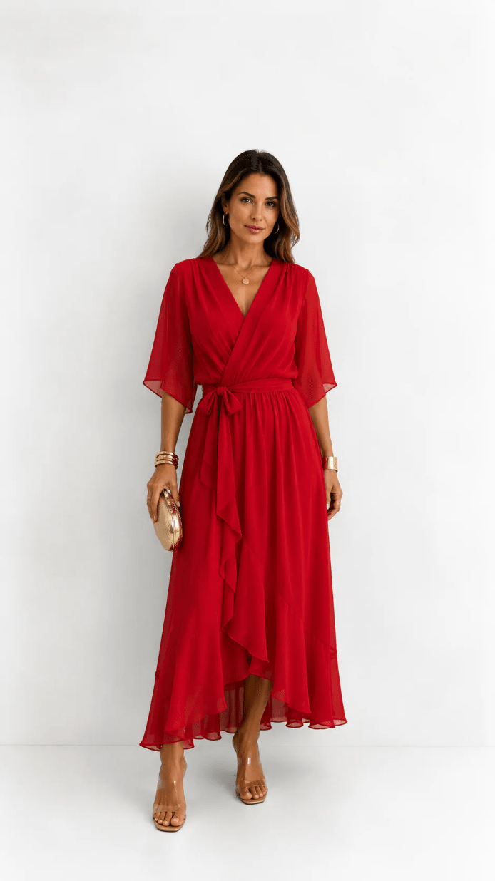 Elegant chiffon wrap maxi dress for women featuring flutter sleeves and an adjustable waist tie

 14