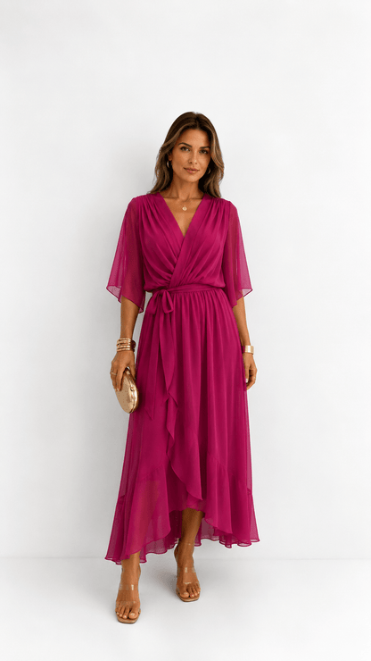Elegant chiffon wrap maxi dress for women featuring flutter sleeves and an adjustable waist tie

 15