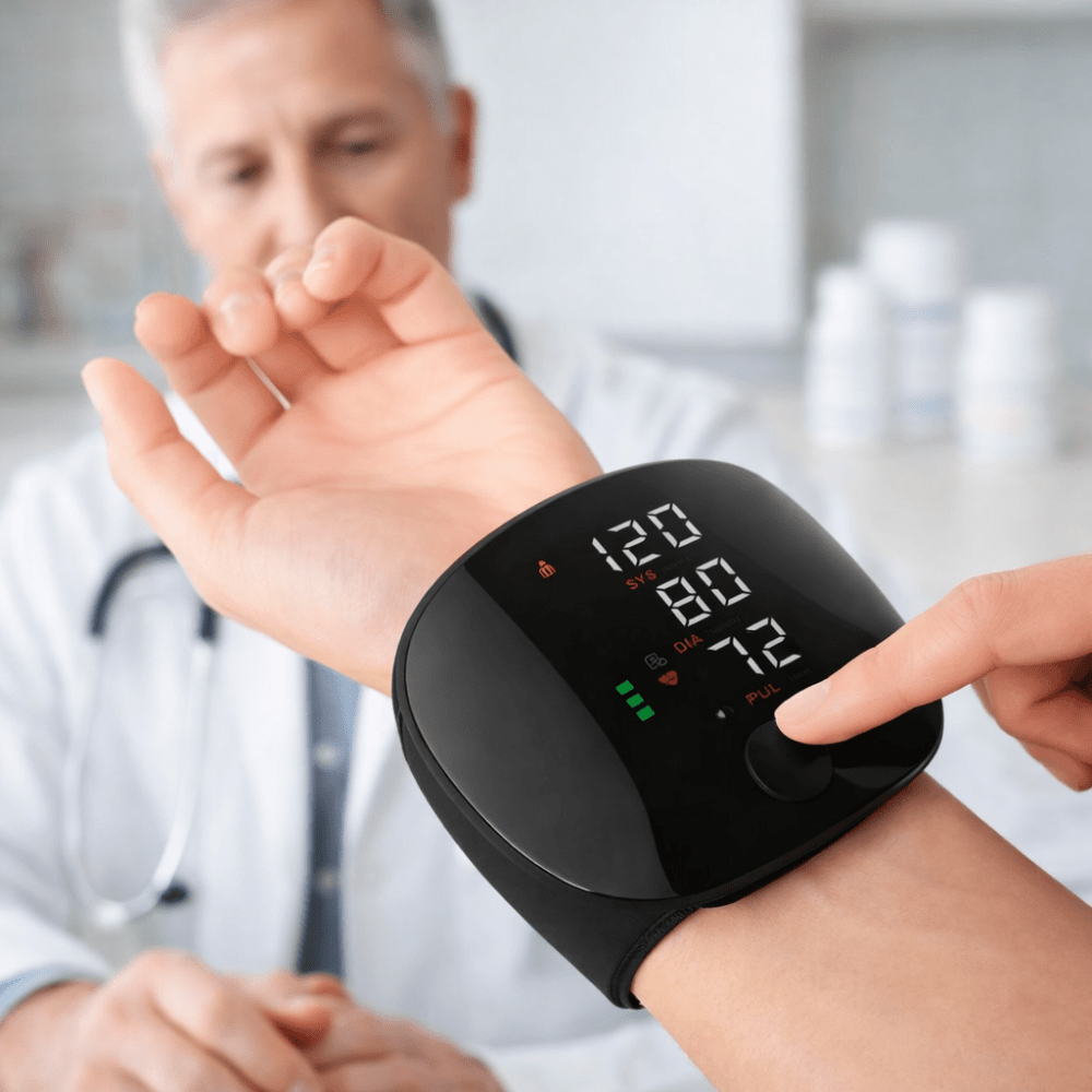 Wrist blood pressure monitor featuring a USB rechargeable battery and an easy-to-read LED display for accurate health tracking. 6