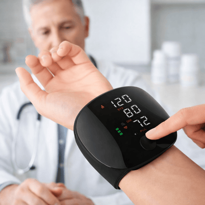 Wrist blood pressure monitor featuring a USB rechargeable battery and an easy-to-read LED display for accurate health tracking. 6